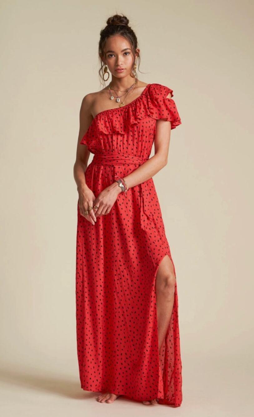 new billabong x sincerely jules your side ruffle one shoulder maxi dress medium